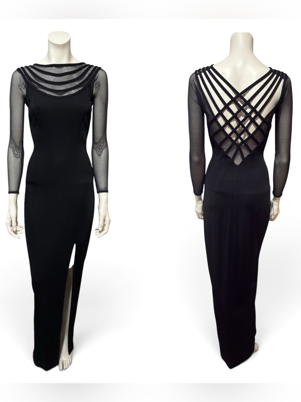 Vintage 90s Tadashi Black Evening Dress Lomg Sheer Cutout Back 3/4 Sleeves XS